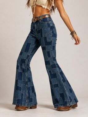Lee Retro Patchwork Bell Bottom Jeans Women's 28 Blue NWT Slim Fit
